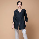 'Fendell' ヨーロピアンリネン100% Vネック ブラウス (黒) - オーストラリア産