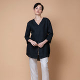 'Fendell' ヨーロピアンリネン100% Vネック ブラウス (黒) - オーストラリア産